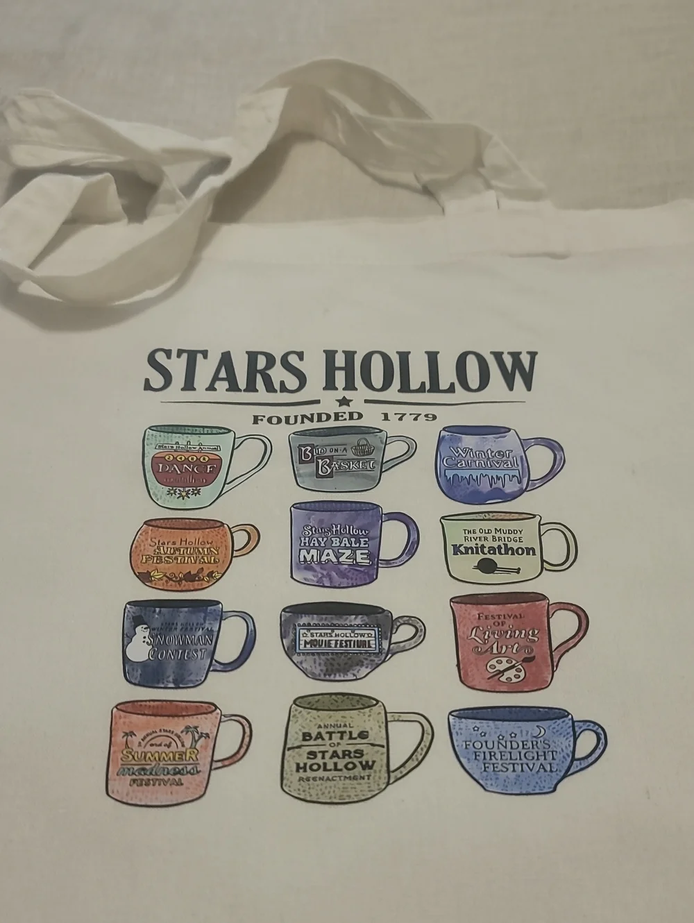 Gilmore Girls Stars Hollow Illustrated Mug Tote Bag - White New